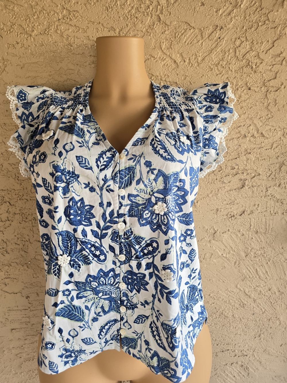 Jennifer  White and Blue Floral Button-Front Women's Blouse with Ruffled Sleeves